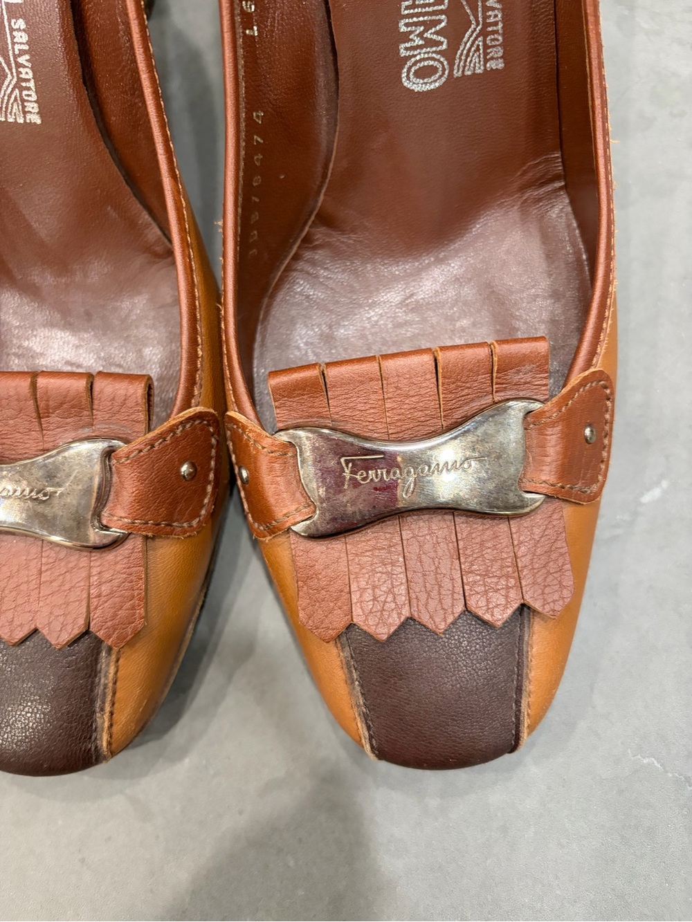 Salvatore Ferragamo Tan and Brown Leather Block Heel Pump - Picture 4 of 14